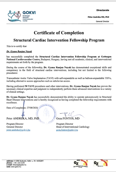 Certificate of Completion for the Structural Cardiac Intervention Fellowship Program awarded to Dr. Gyana Ranjan Nayak by Gottsegen National Cardiovascular Centre in Budapest.