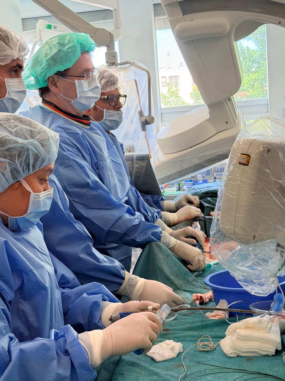 Interventional cardiology team performing a structural heart procedure in a catheterization laboratory at GOKVI, Budapest.