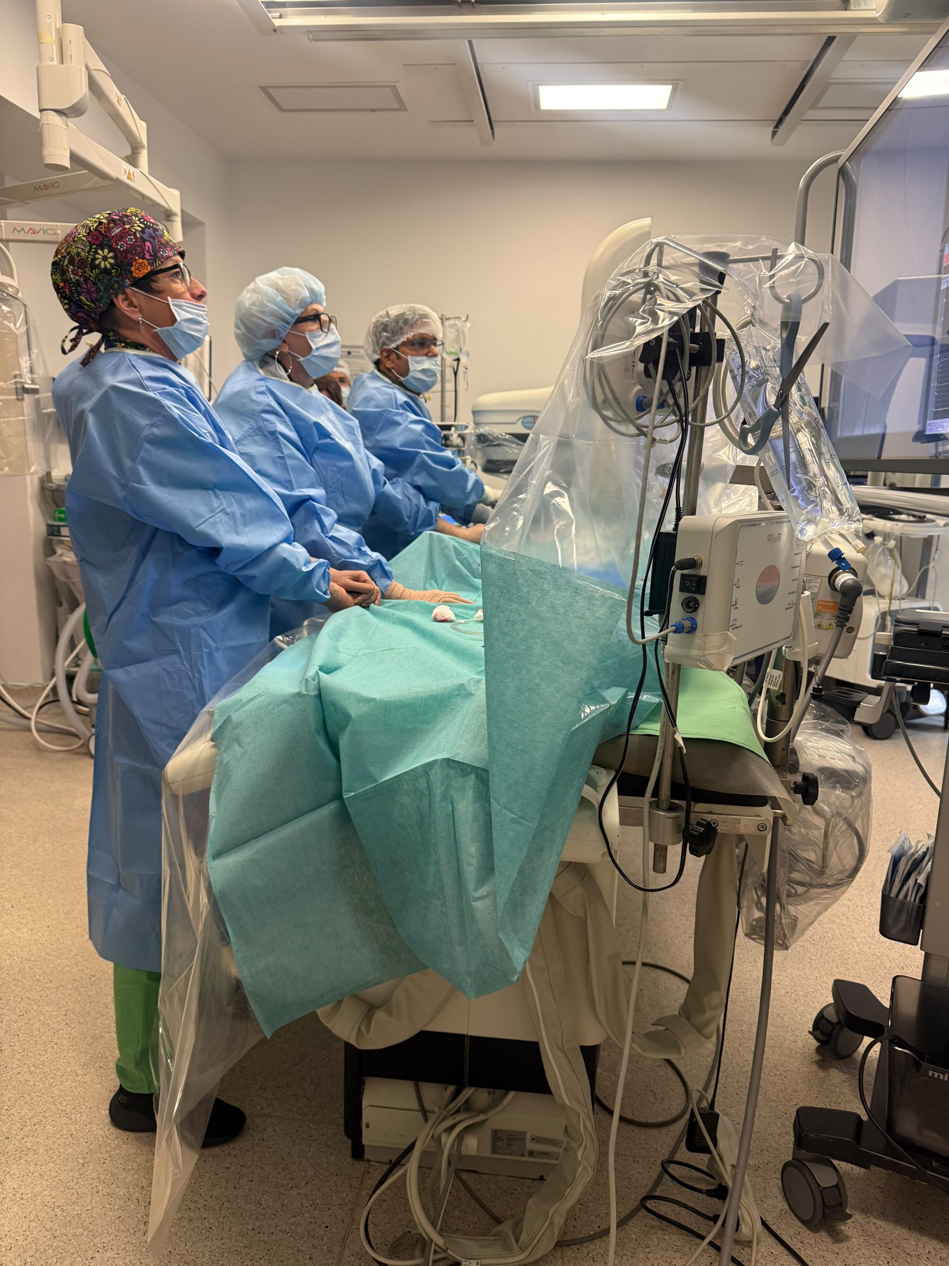 Medical team in a catheterization laboratory during structural heart intervention training at GOKVI, Budapest.